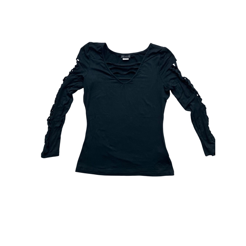 Venus Womens Black Strappy Cage V Neck Braided Lattice Long Sleeve Top Small - Picture 7 of 7